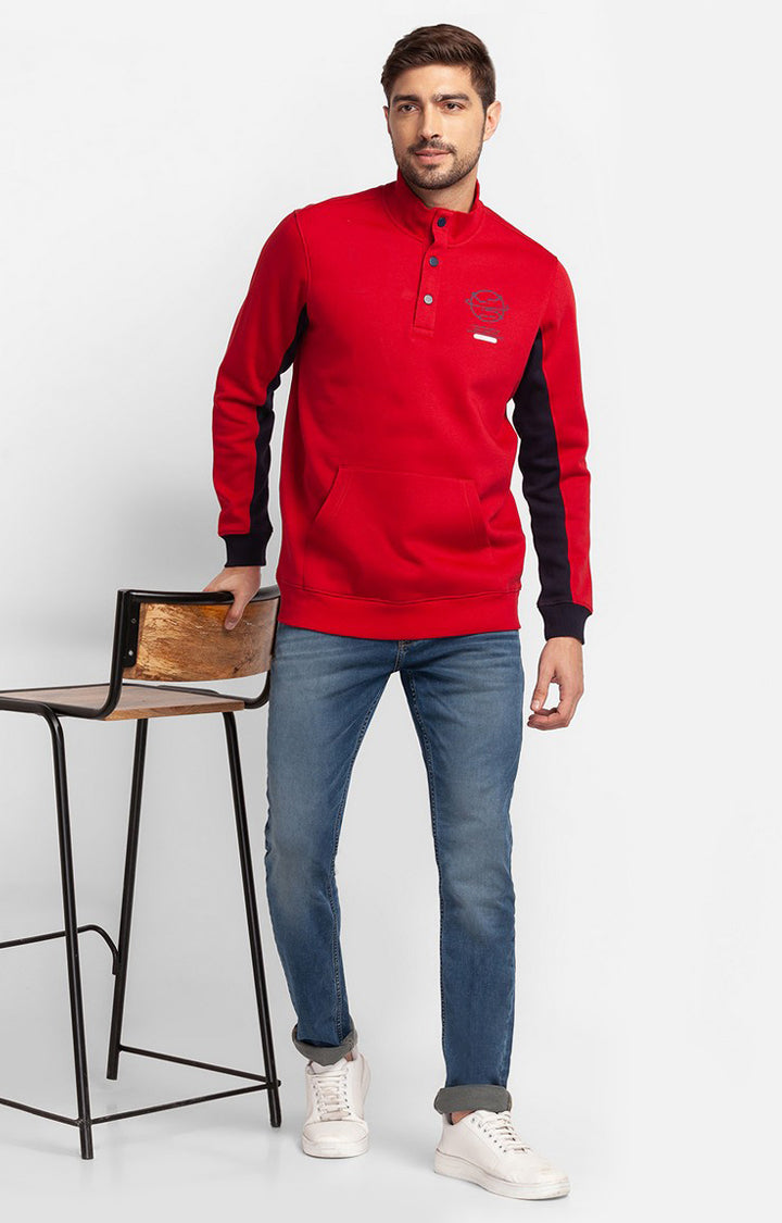 Spykar True Red Cotton Full Sleeve High Neck Sweatshirt For Men