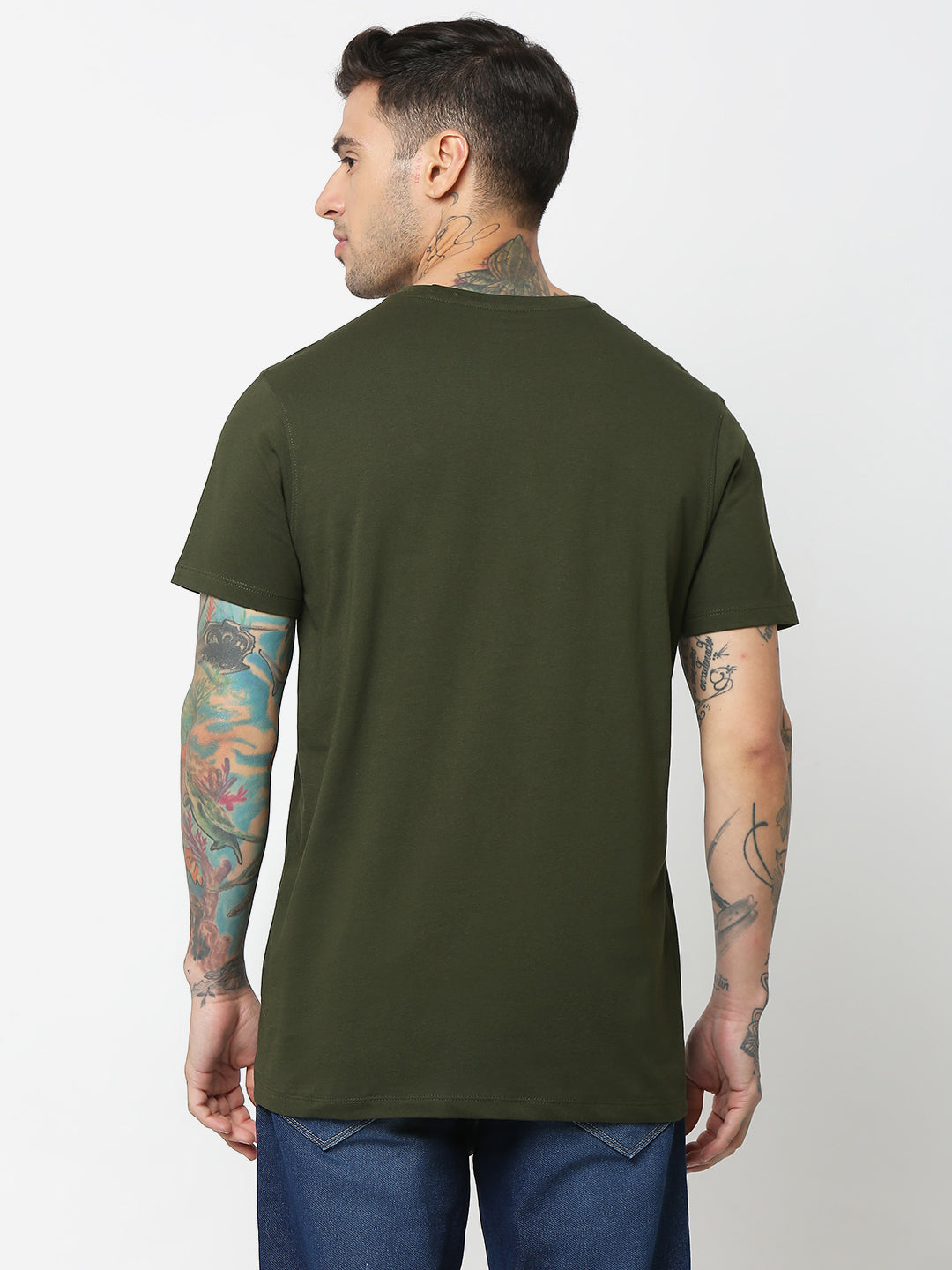 Spykar Men Olive Green Cotton Slim Fit Round Neck Printed T-Shirt