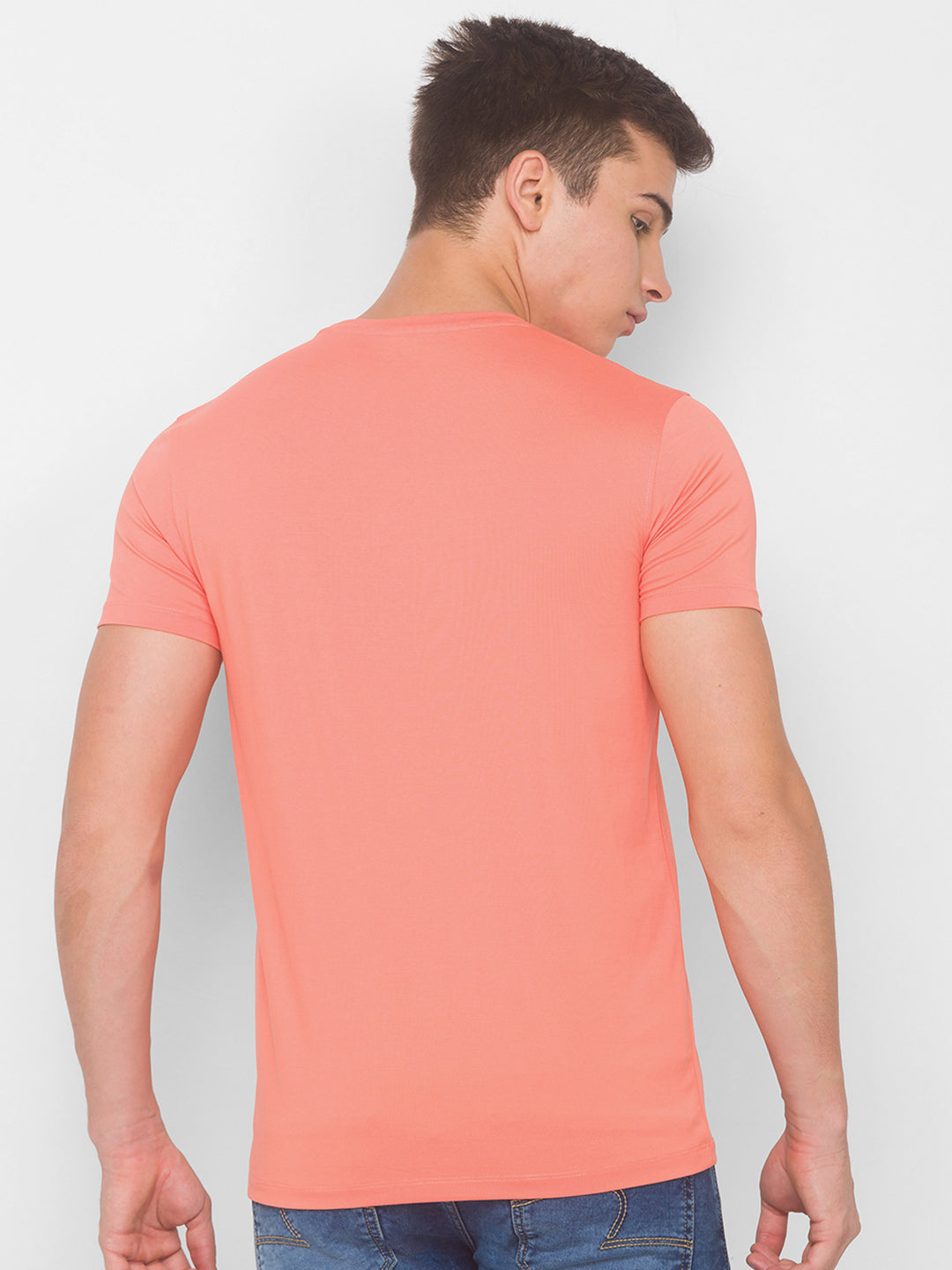 Spykar Men Pink Cotton Blend Slim Fit Round Neck T-Shirt