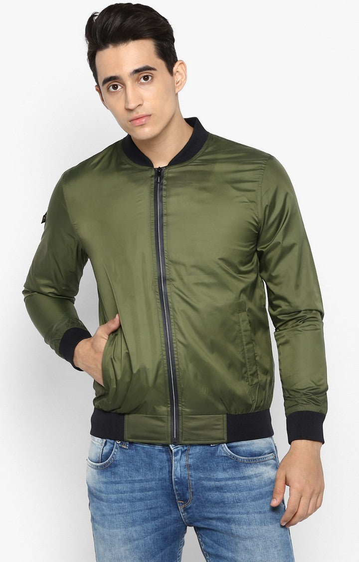 Spykar Men Olive Solid Comfort Fit Bomber Jacket