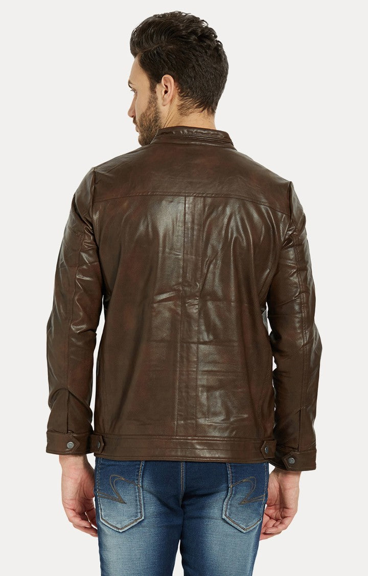 Spykar Men Brown Solid Slim Fit Leather Jacket