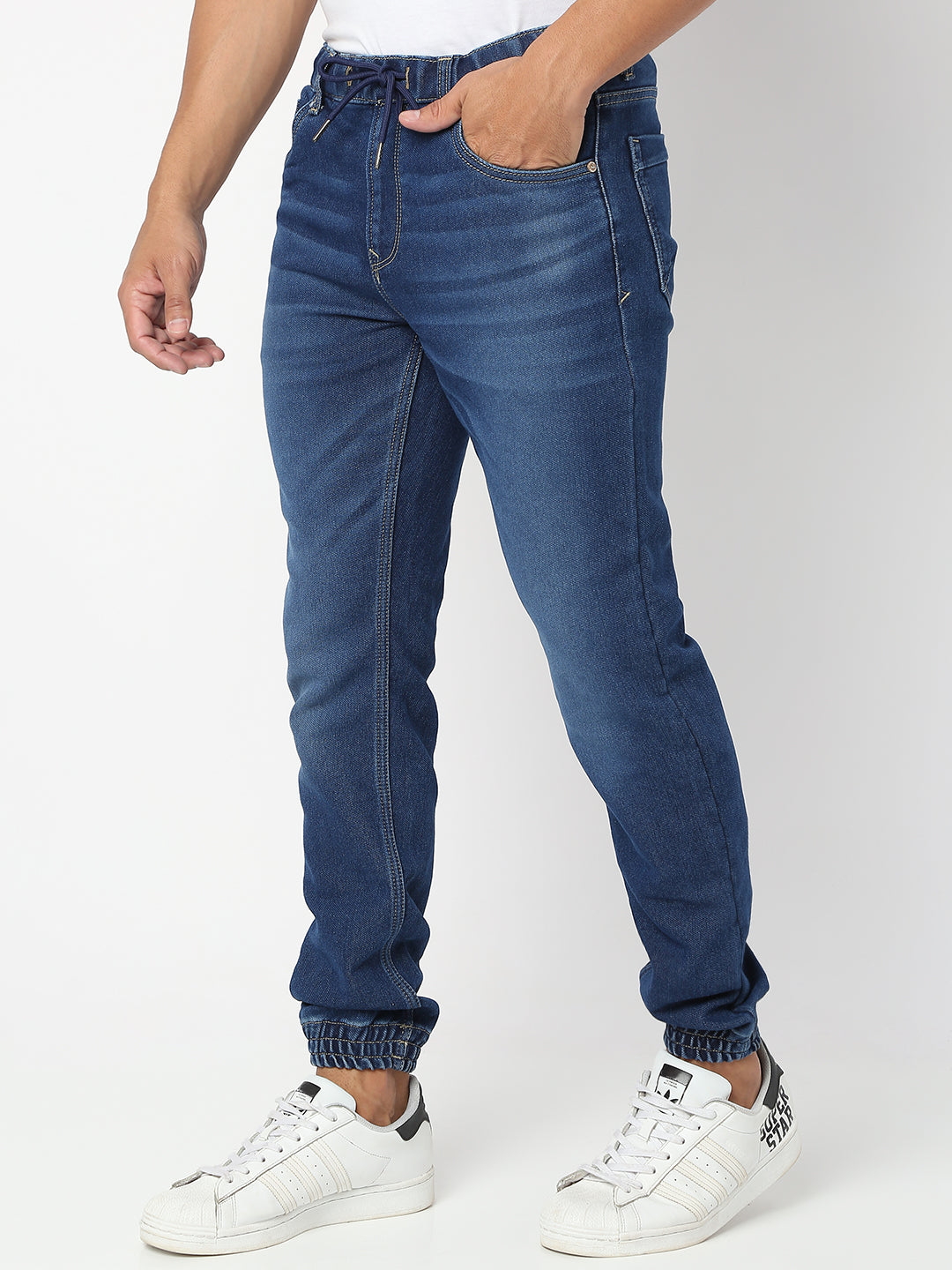 Spykar Men Mid Blue Cotton Regular Fit Tapered Length Jeans (Jogger)