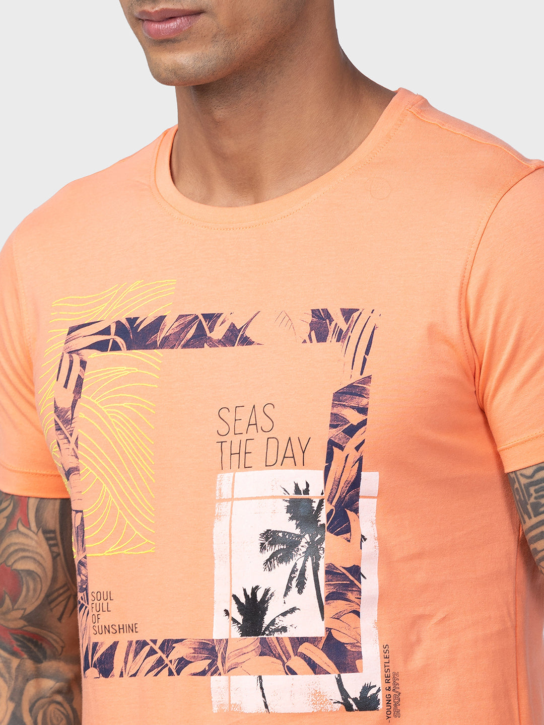 Spykar Men Peach Cotton Regular Fit Half Sleeve Printed T-Shirt