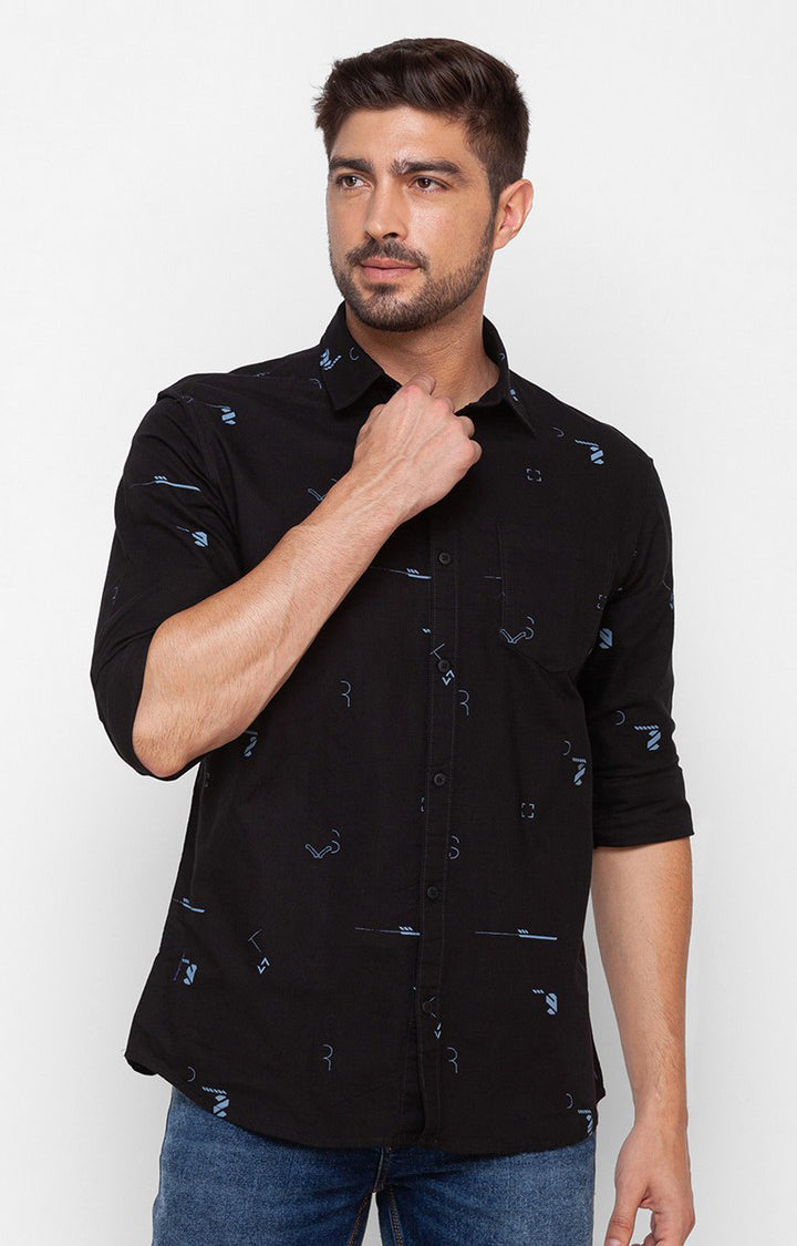 Spykar Black Cotton Full Sleeve Printed Shirt For Men
