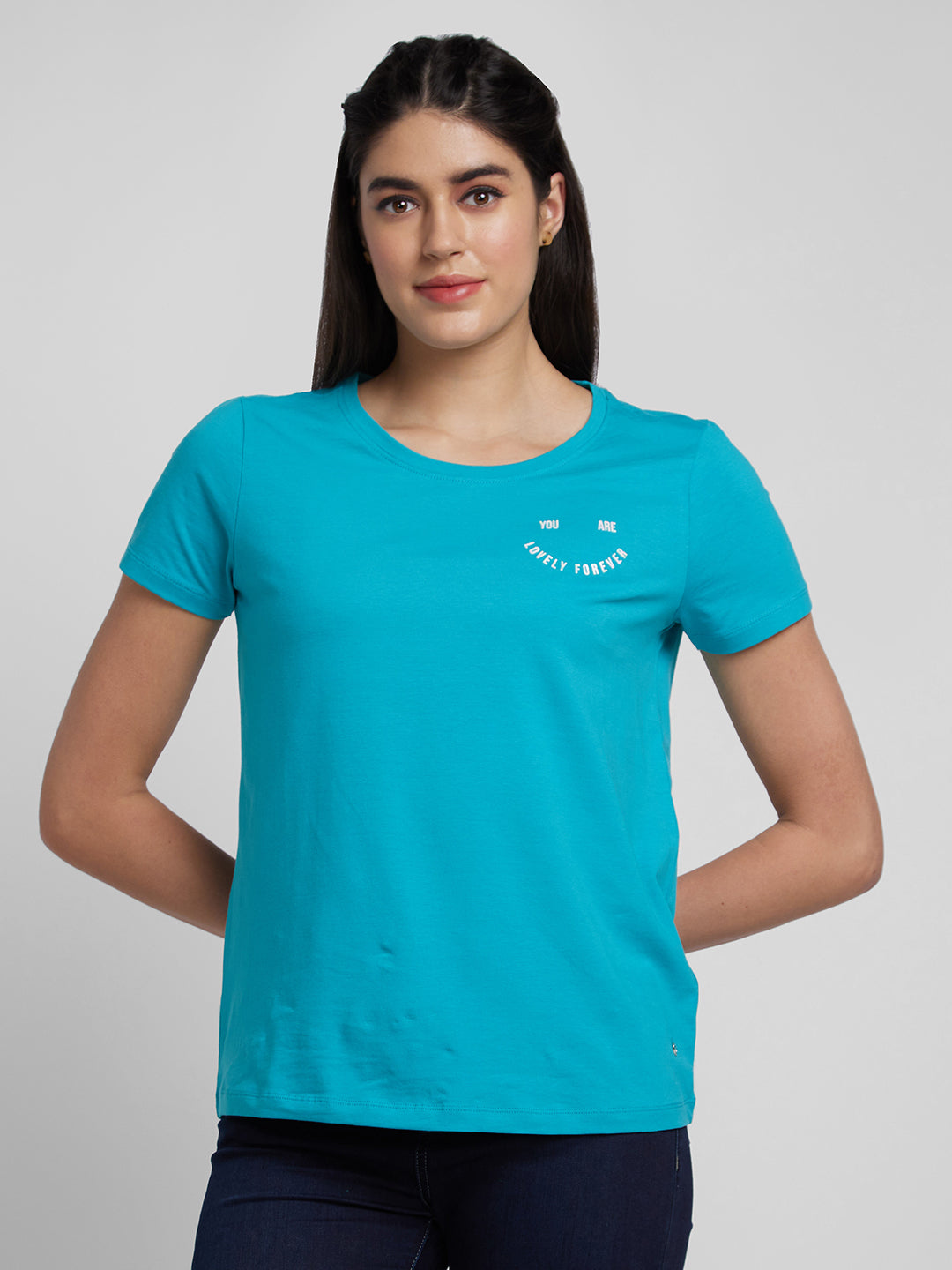 Spykar Women Sea Green Blended Regular Fit Printed Round Neck T-Shirts
