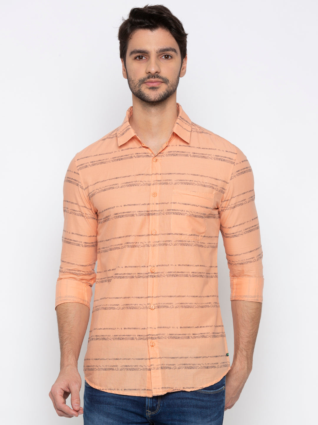 Spykar Slim Fit Men Orange Striped Casual Shirt