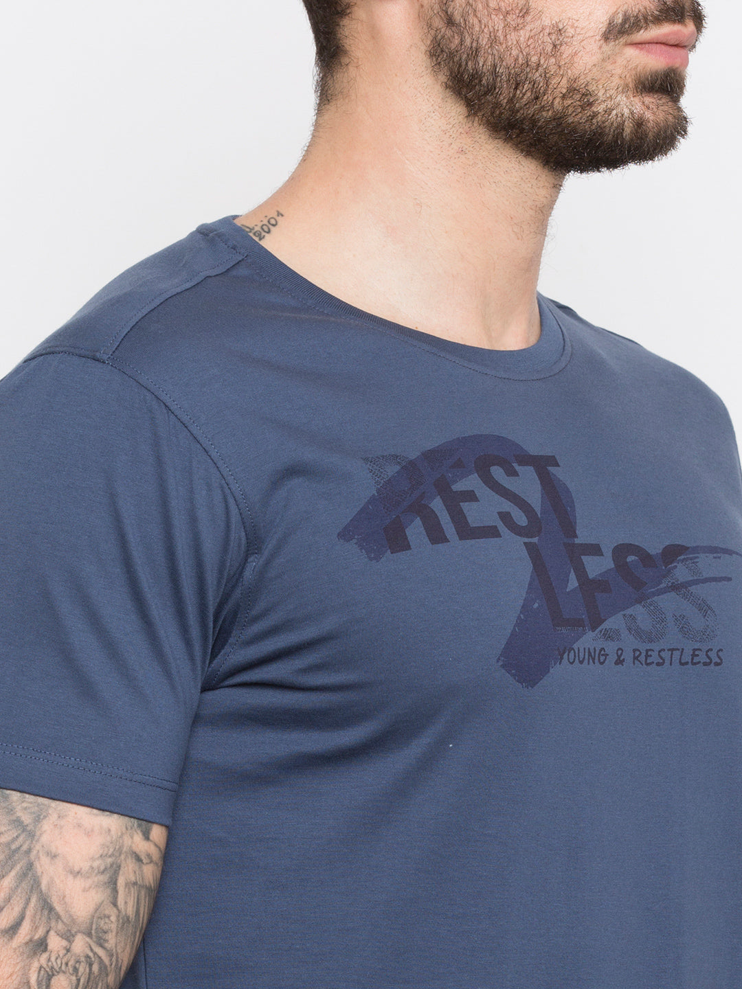 Spykar Men Blue Cotton Slim Fit Round Neck T-Shirt