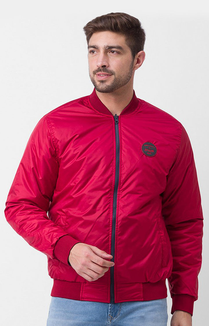 Spykar Red Polyester Regular Fit Bomber Jackets For Men