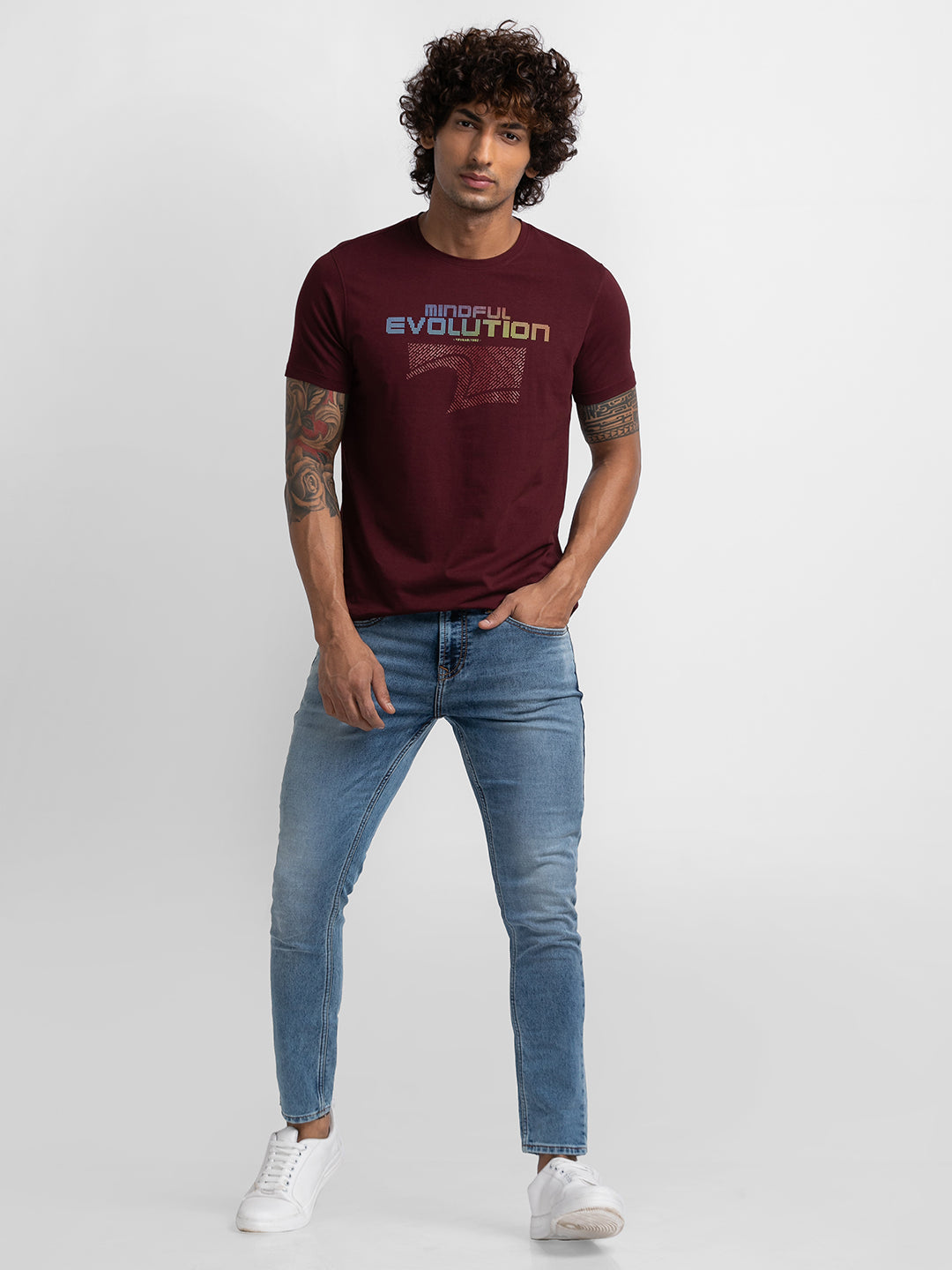 Spykar Wine Cotton Half Sleeve Printed Casual T-Shirt For Men