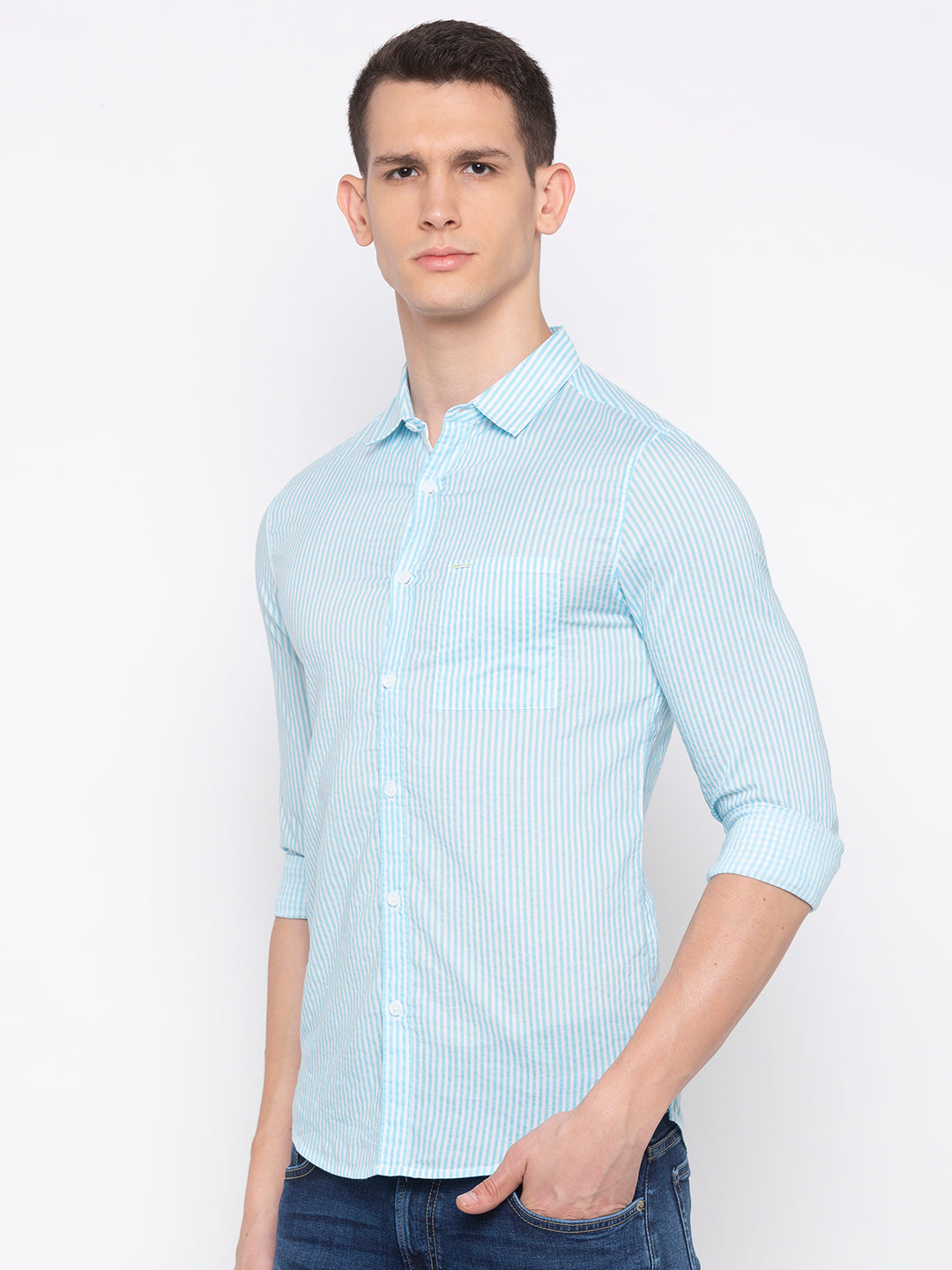 Spykar Men Aqua Striped Slim Fit Casual Shirt