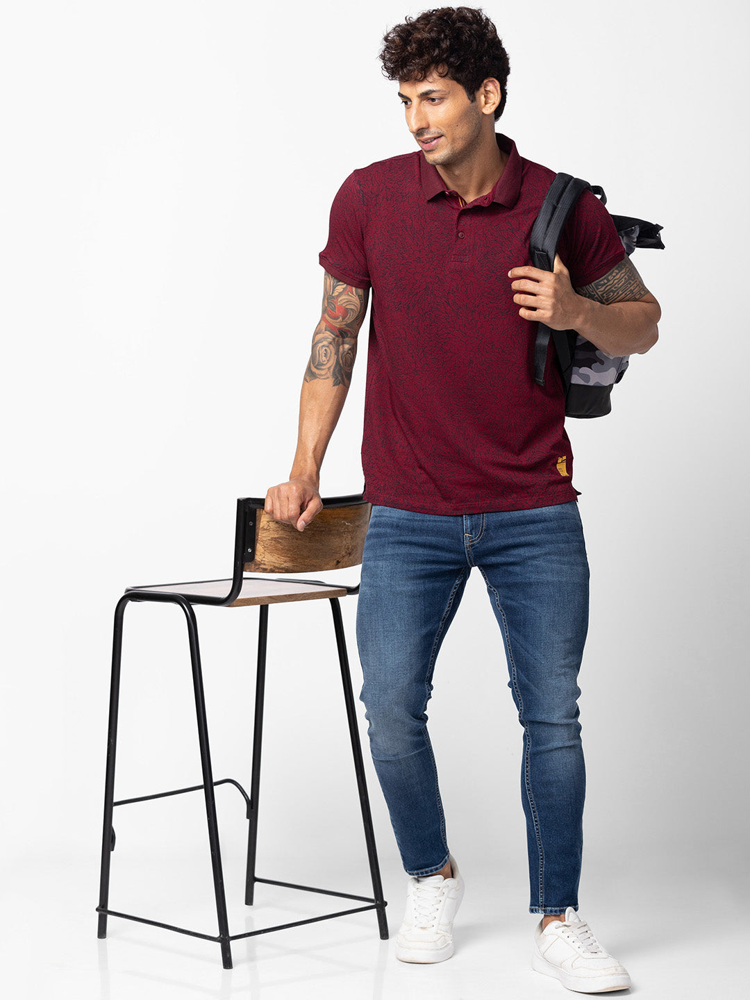 Spykar Men Wine Cotton Regular Fit Half Sleeve Printed Polo T-Shirt