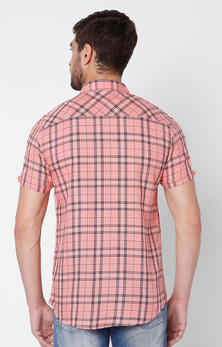 Spykar Men Peach Pink Cotton Slim Fit Checkered Shirt