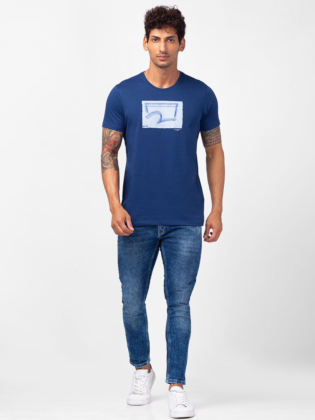 Spykar Men Indigo Blue Cotton Slim Fit Round Neck Printed T-Shirt