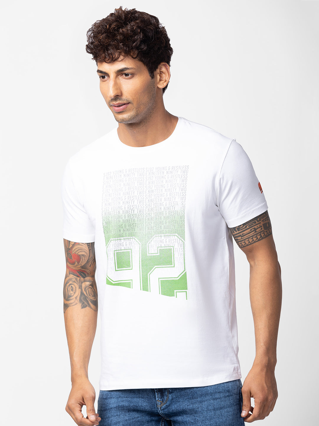 Spykar Men White Cotton Regular Fit Half Sleeve Printed T-Shirt