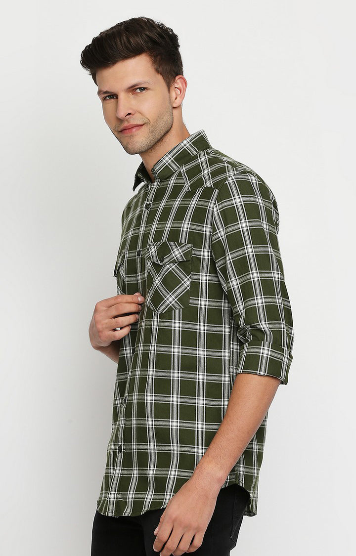 Spykar Men Green Slim Fit Full Sleeve Checkered Shirt