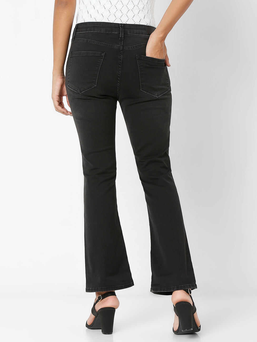 Spykar Women Black Cotton Flare Fit Ankle Length Jeans (Elissa)