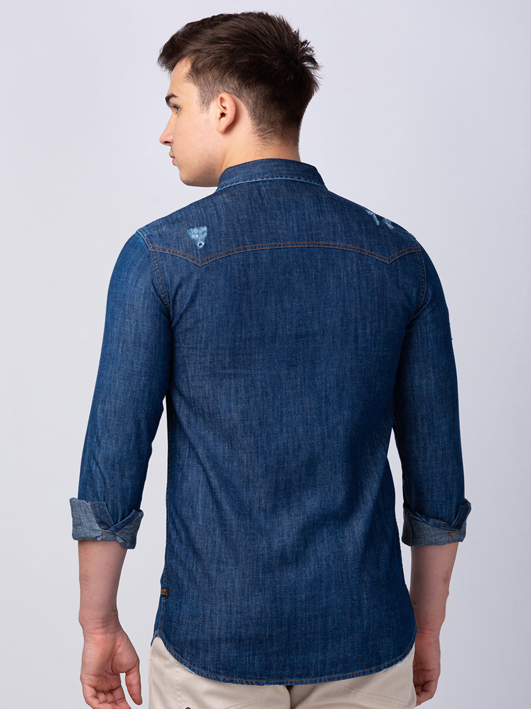 Spykar Men Dark Blue Cotton Slim Fit Denim Shirt