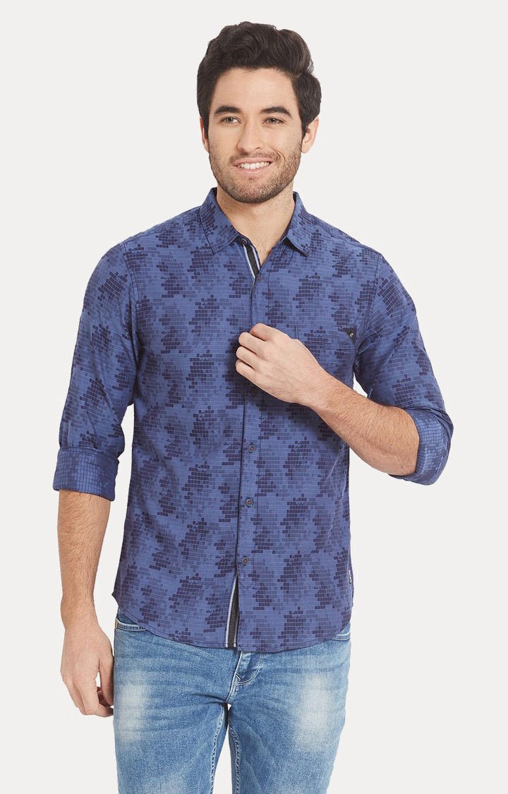 Spykar Men Blue Printed Slim Fit Casual Shirt