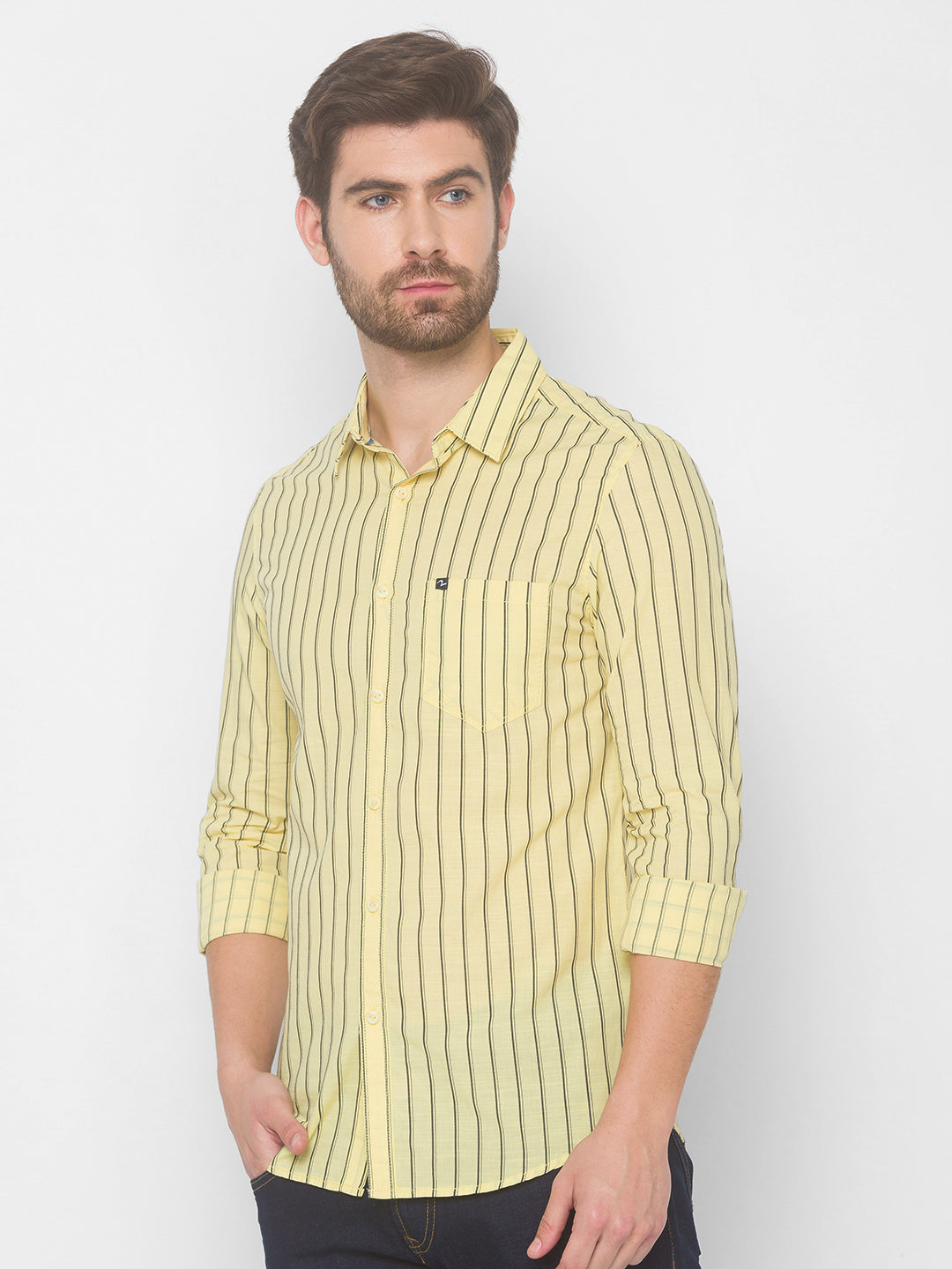 Spykar Men Butter Yellow Cotton Slim Fit Shirt