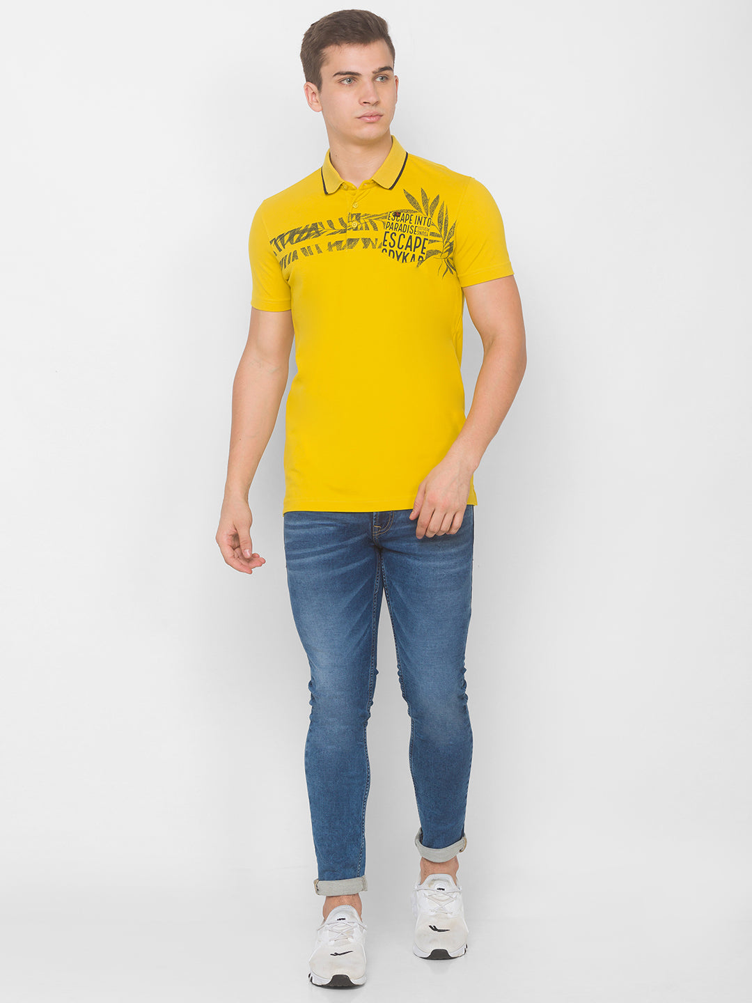 Spykar Men Yellow Cotton Slim Fit Round Neck T-Shirt