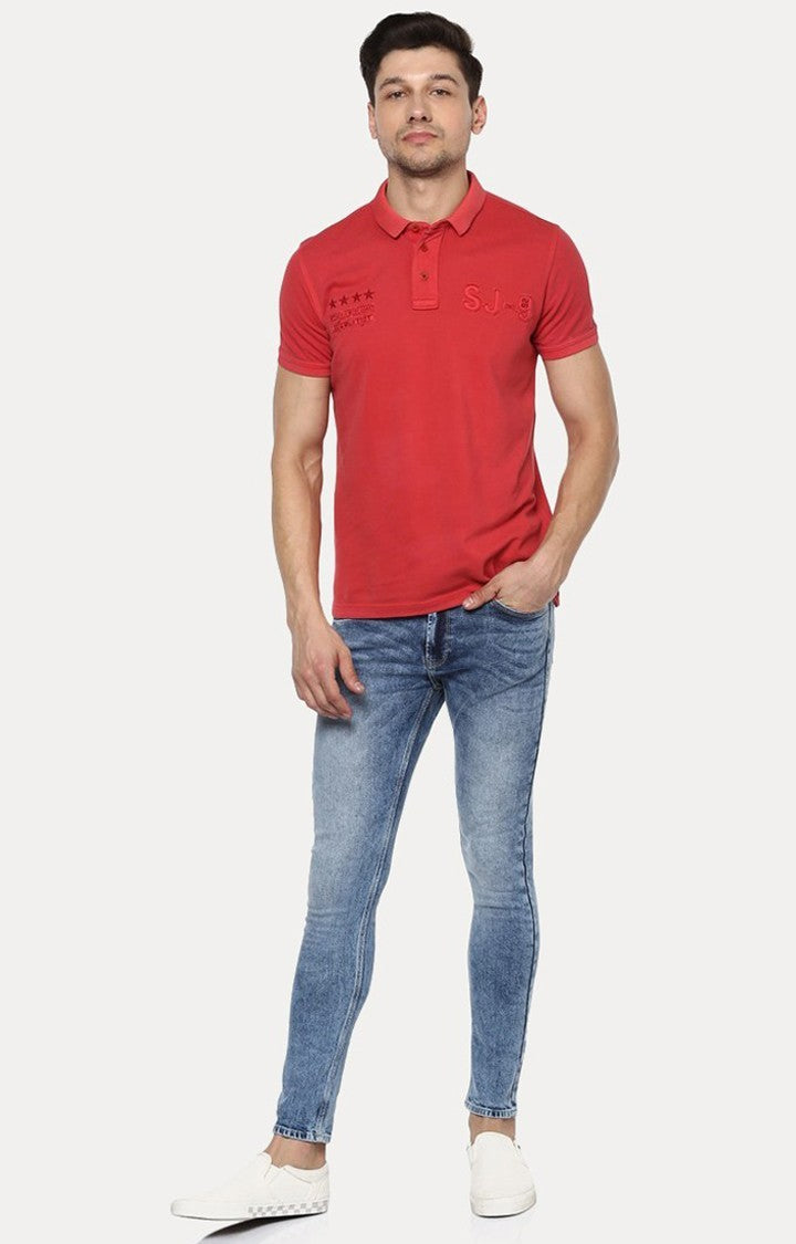 Spykar Red Solid Slim Fit Polo T-Shirt