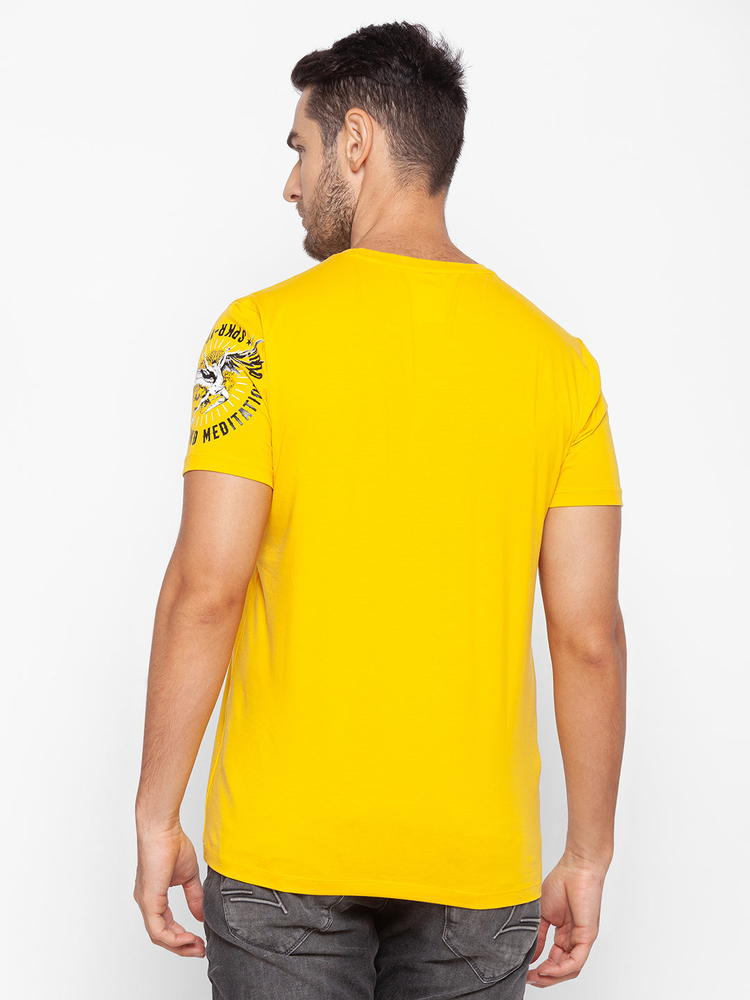 Spykar Men Yellow Cotton Slim Fit Round Neck T-Shirt