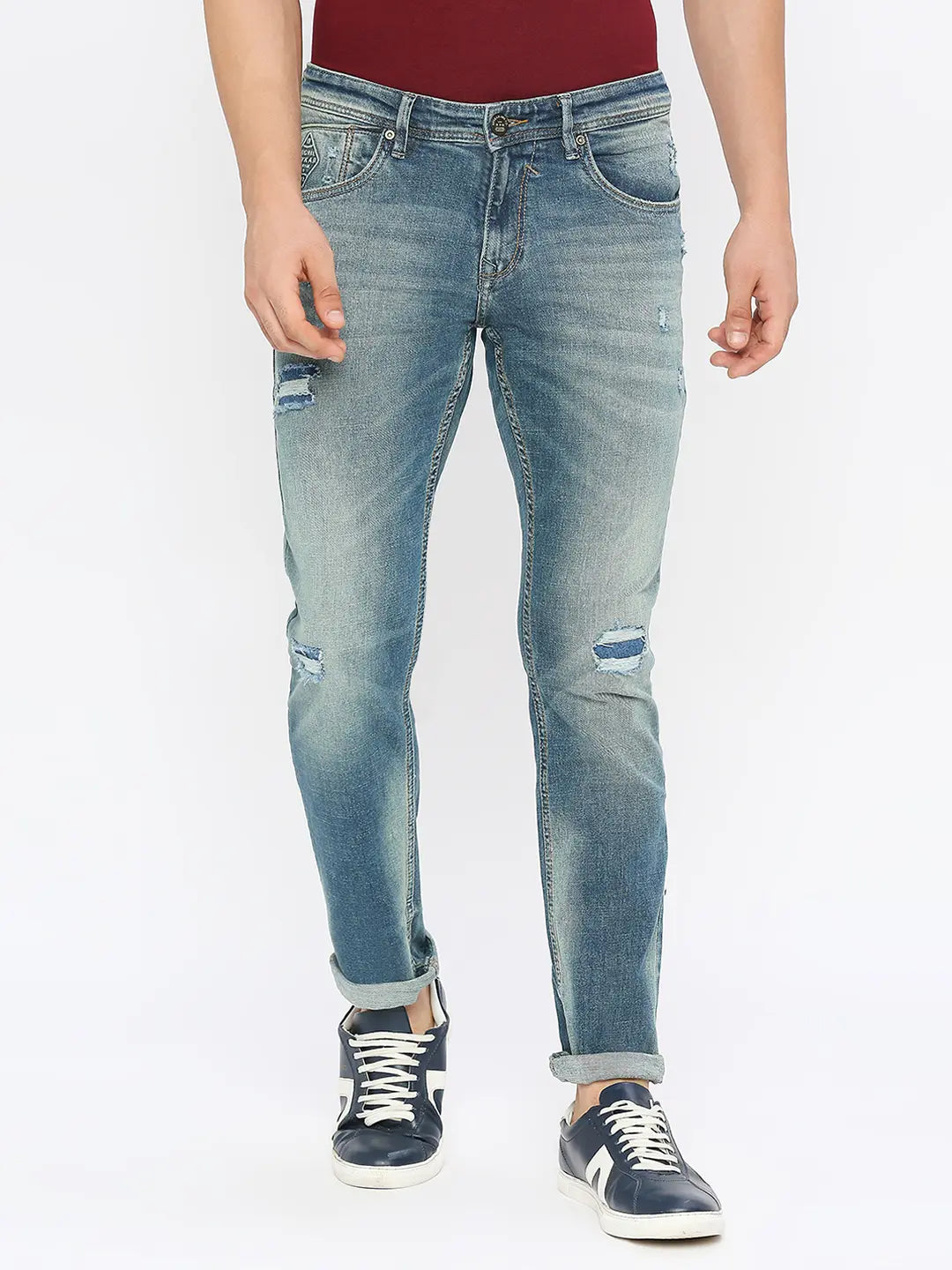 Spykar Men Mid Blue Cotton Slim Fit Narrow Length Clean Look Low Rise Jeans-(Skinny)
