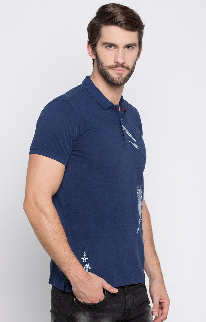 Spykar Blue Printed Slim Fit Polo T-Shirt