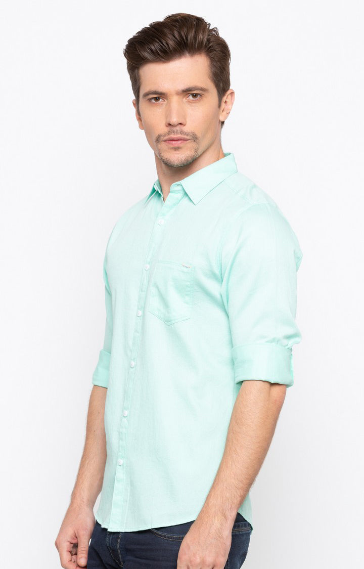 Spykar Men'S Green Cotton Solid Casual Shirts