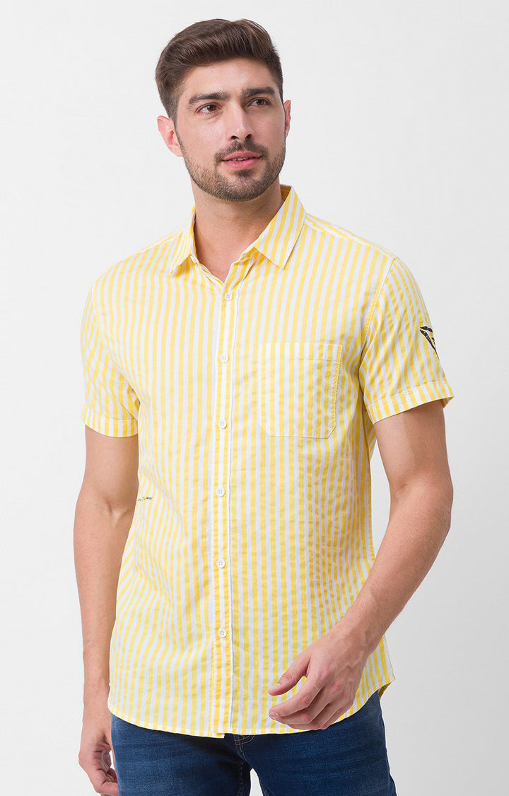 Spykar Butter Yellow Cotton Half Sleeve Stripes Shirt For Men