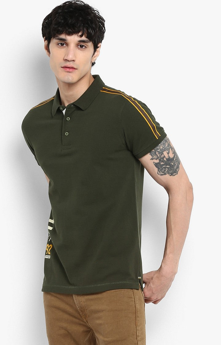 Spykar Olive Printed Slim Polo Fit T-Shirt