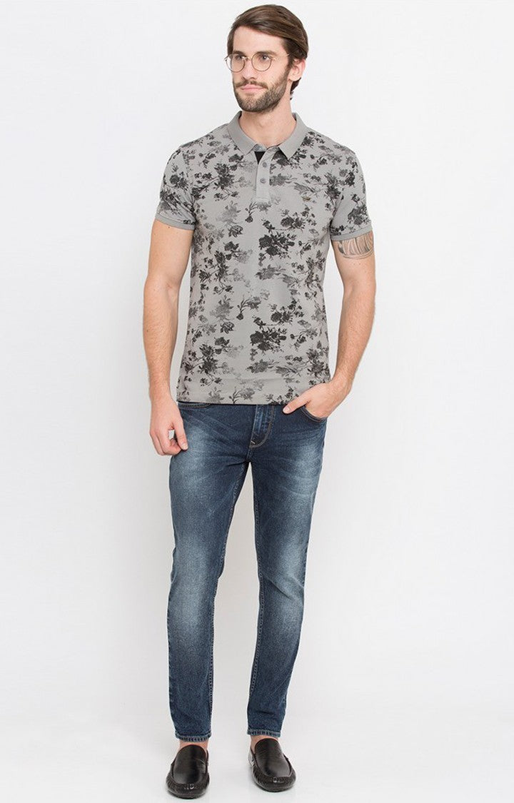 Spykar Grey Printed Slim Fit Polo T-Shirt