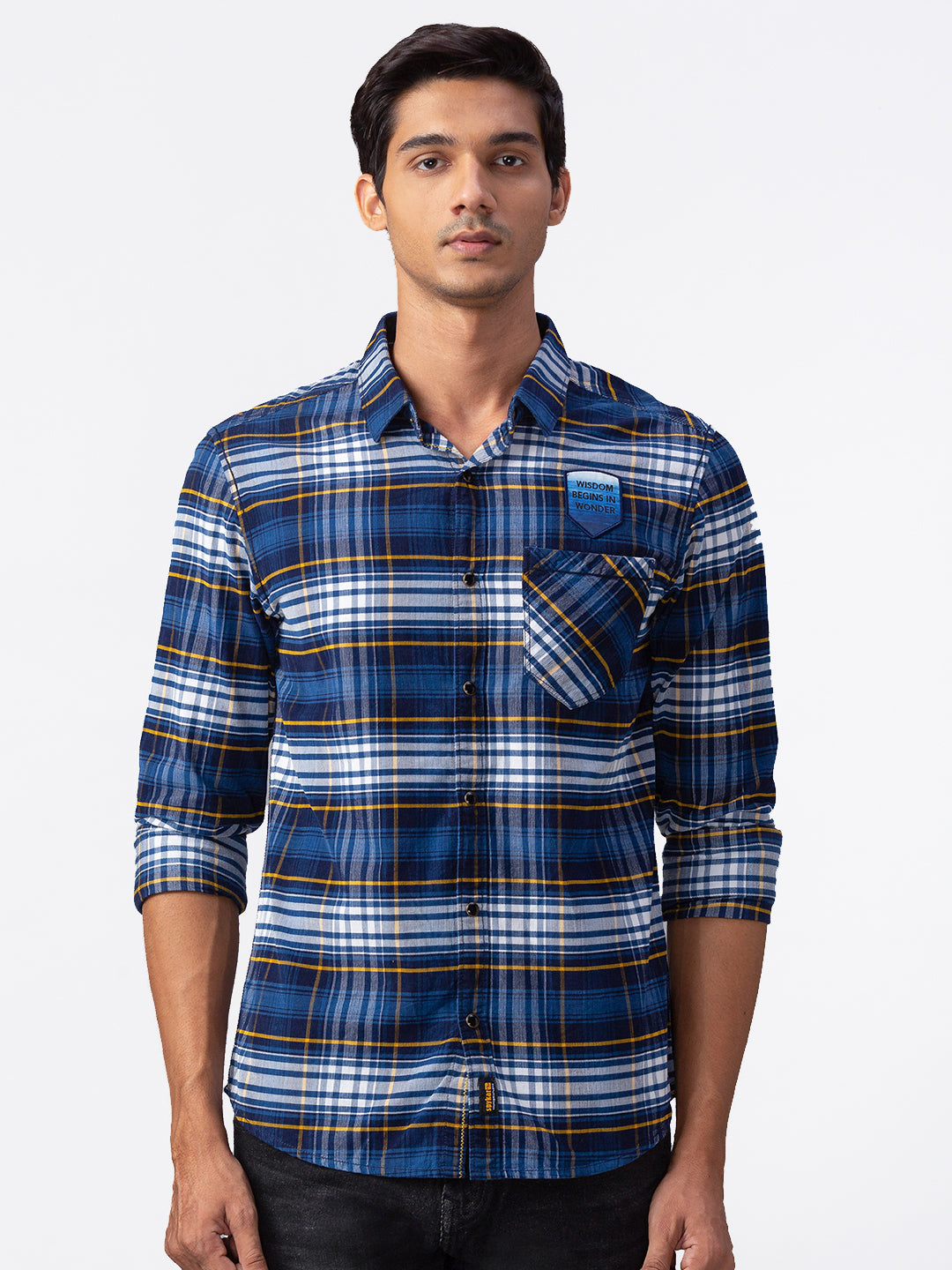 Spykar Men Navy Blue Cotton Slim Fit Full Sleeve Checkered Shirt