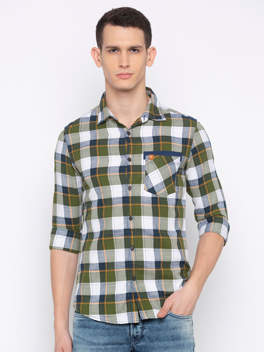 Spykar Men Olive Checked Slim Fit Casual Shirt