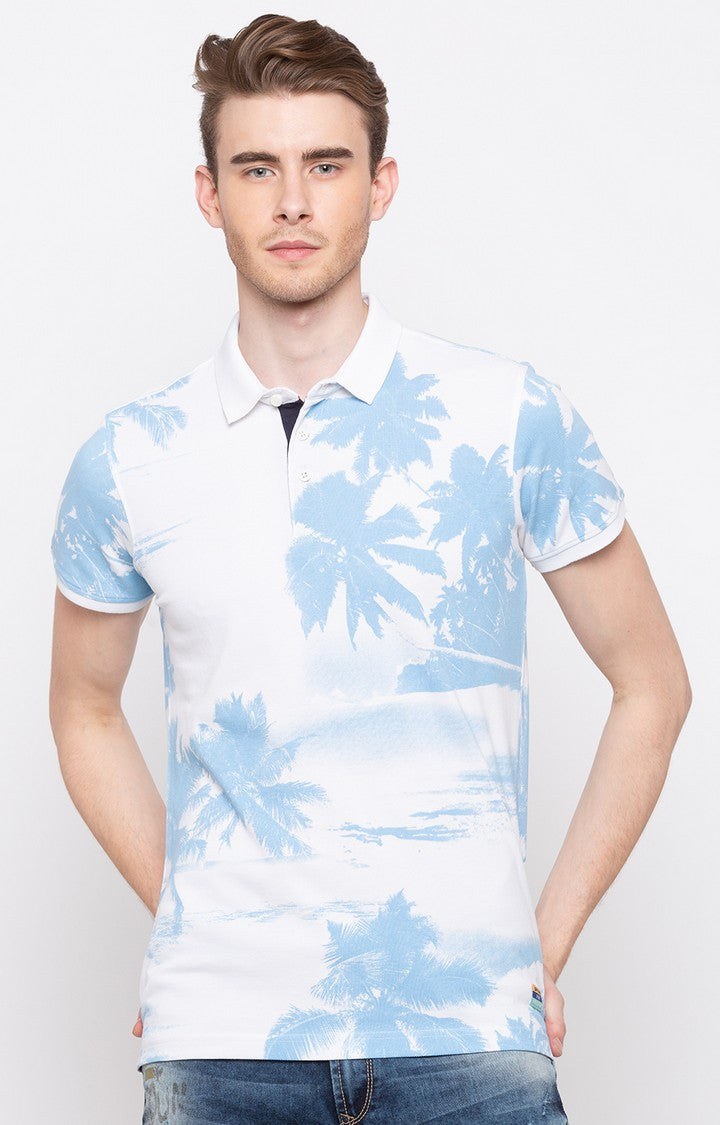 Spykar White Printed Slim Fit Polo T-Shirt