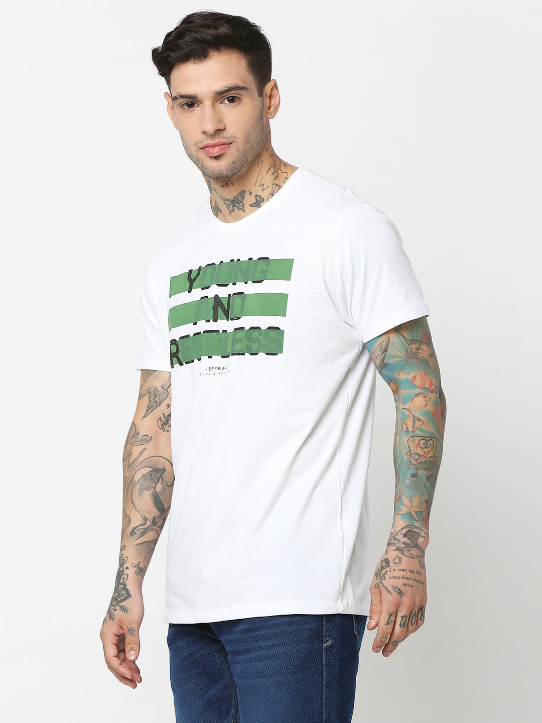 Spykar Men White Cotton Slim Fit Round Neck Printed T-Shirt