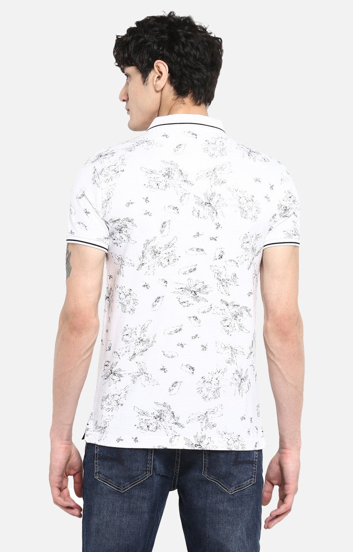 Spykar White Printed Slim Fit Polo T-Shirt