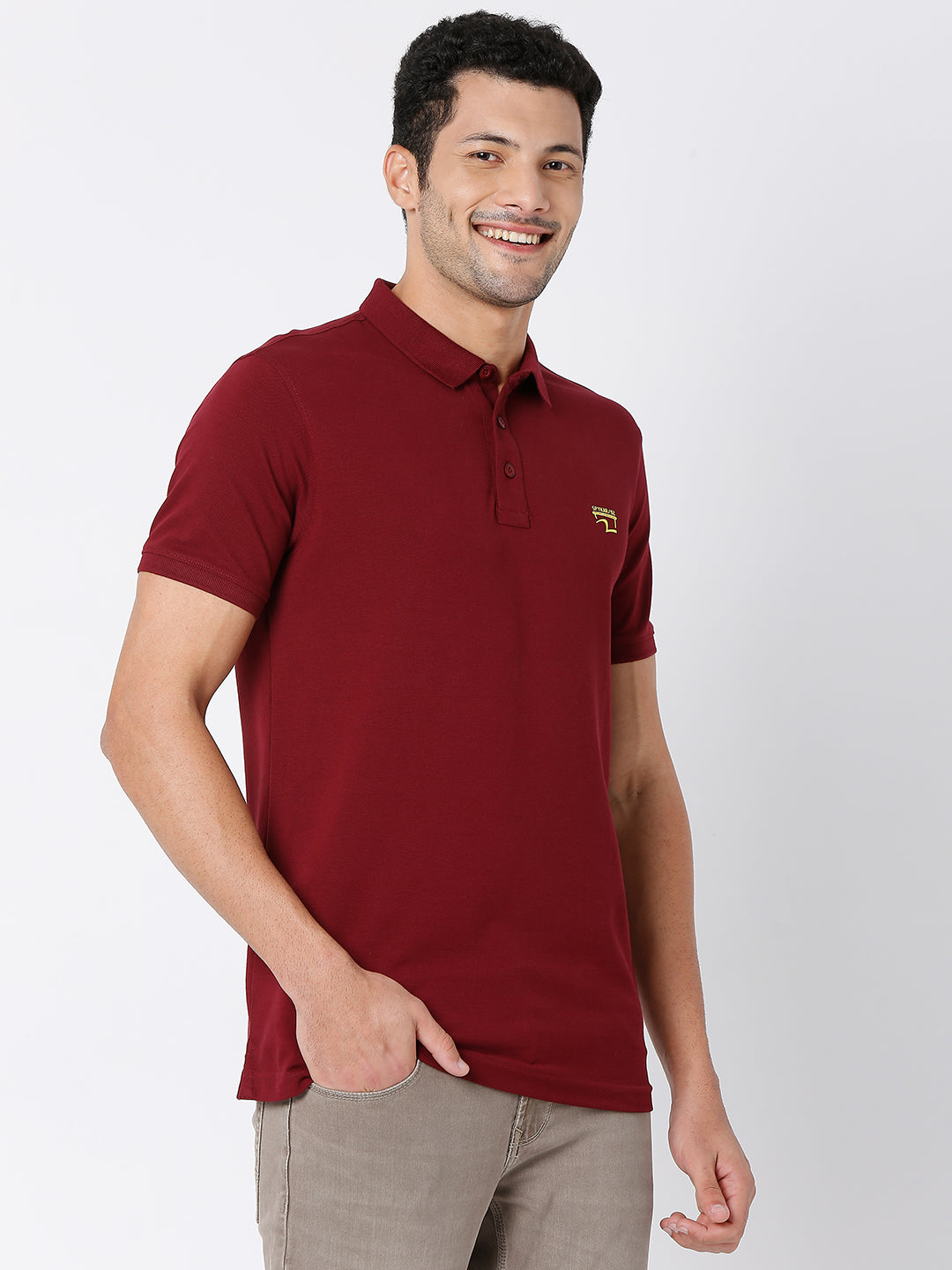 Spykar Men Wine Cotton Half Sleeve Plain Casual Polo T-Shirt