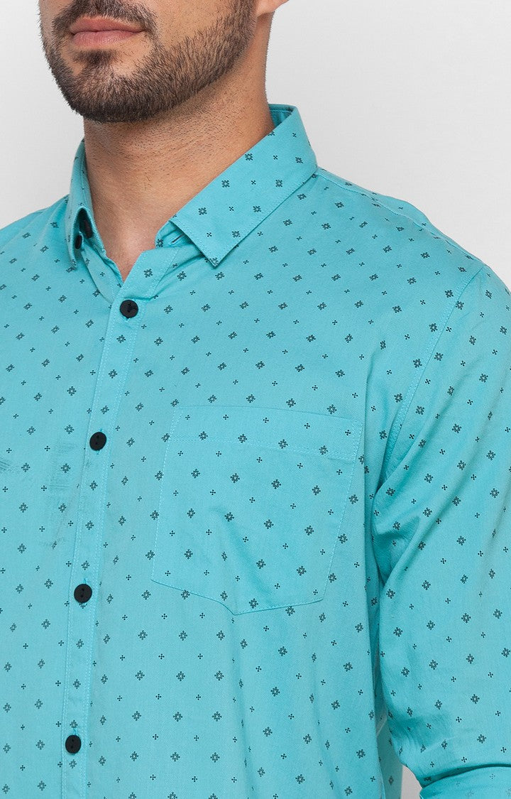 Spykar Cool Blue Cotton Full Sleeve Printed Shirt For Men