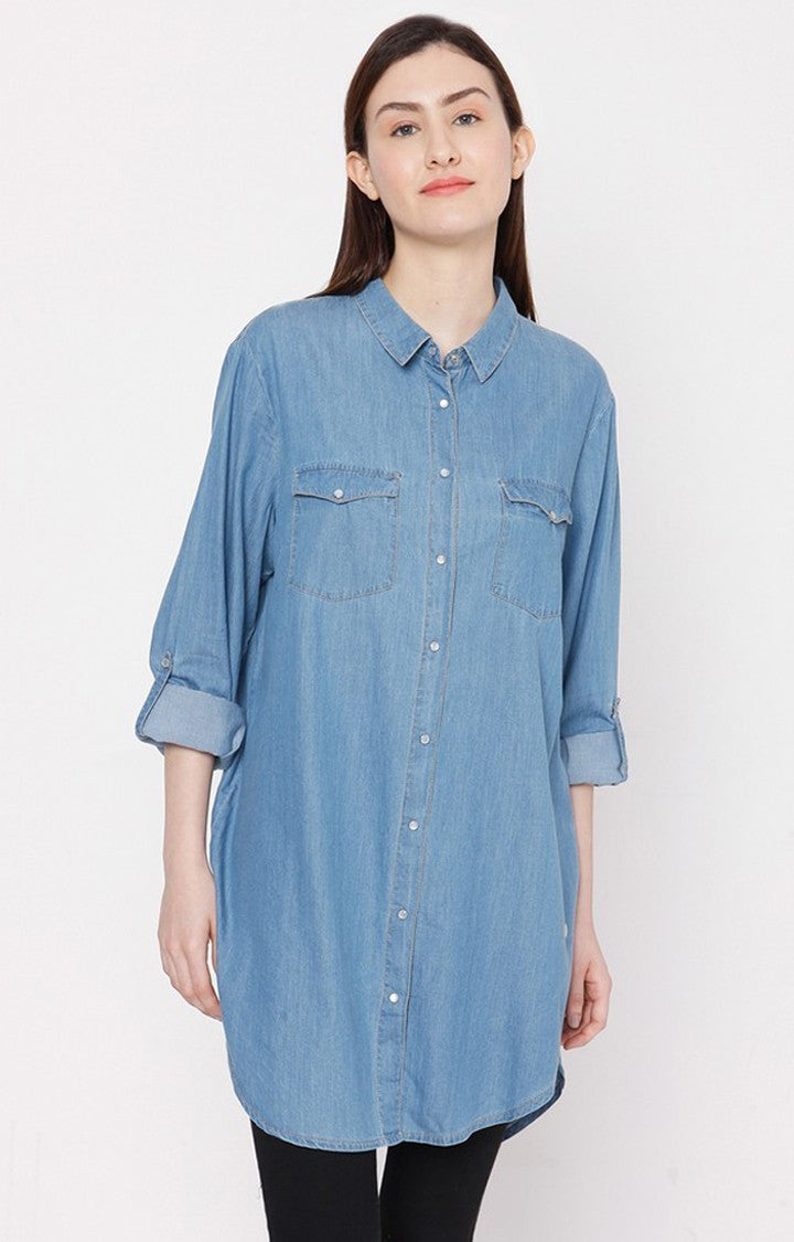 Spykar Women Mid Blue Cotton Regular Fit Denim Shirt