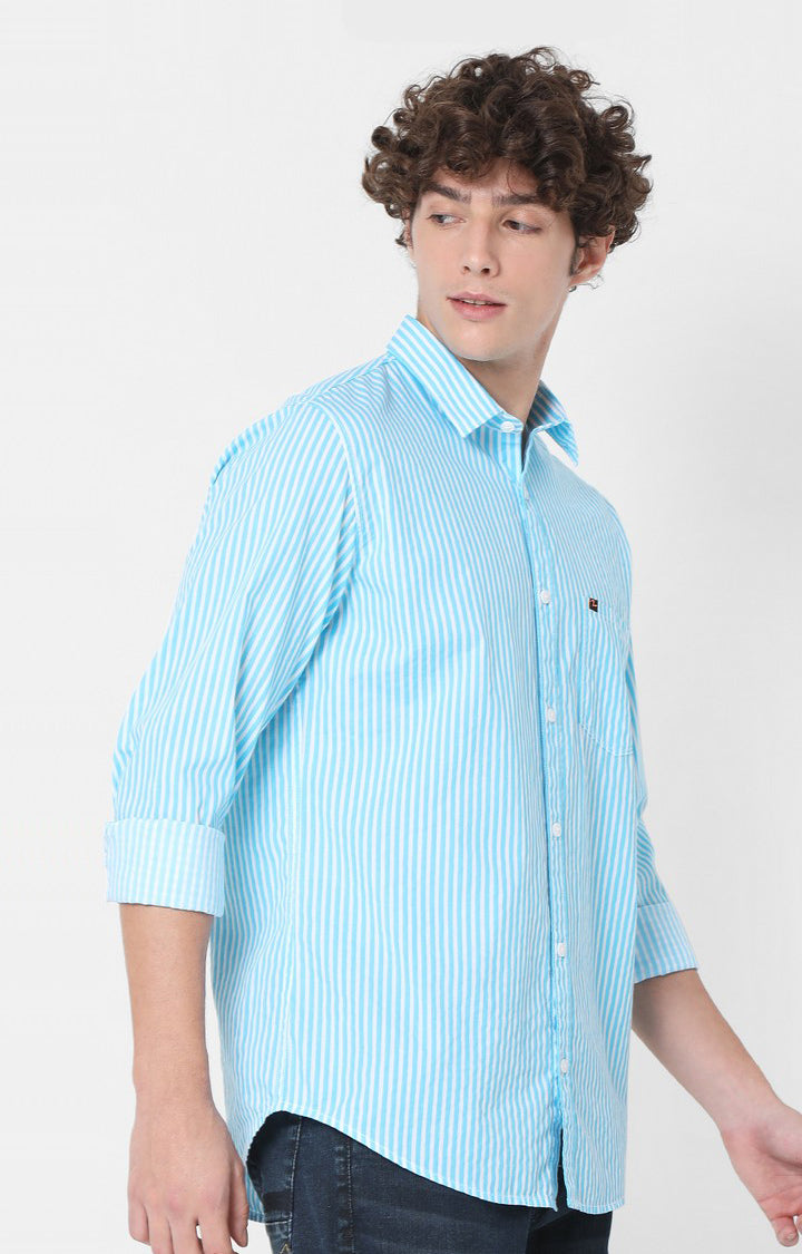 Spykar Slim Fit Blue Striped Full Sleeve Shirts For Men