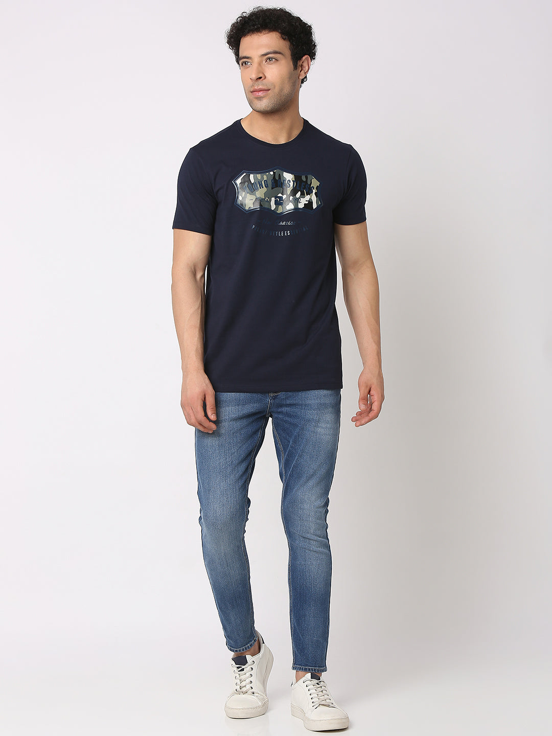 Spykar Men Navy Blue Cotton Slim Fit Round Neck Printed T-Shirt