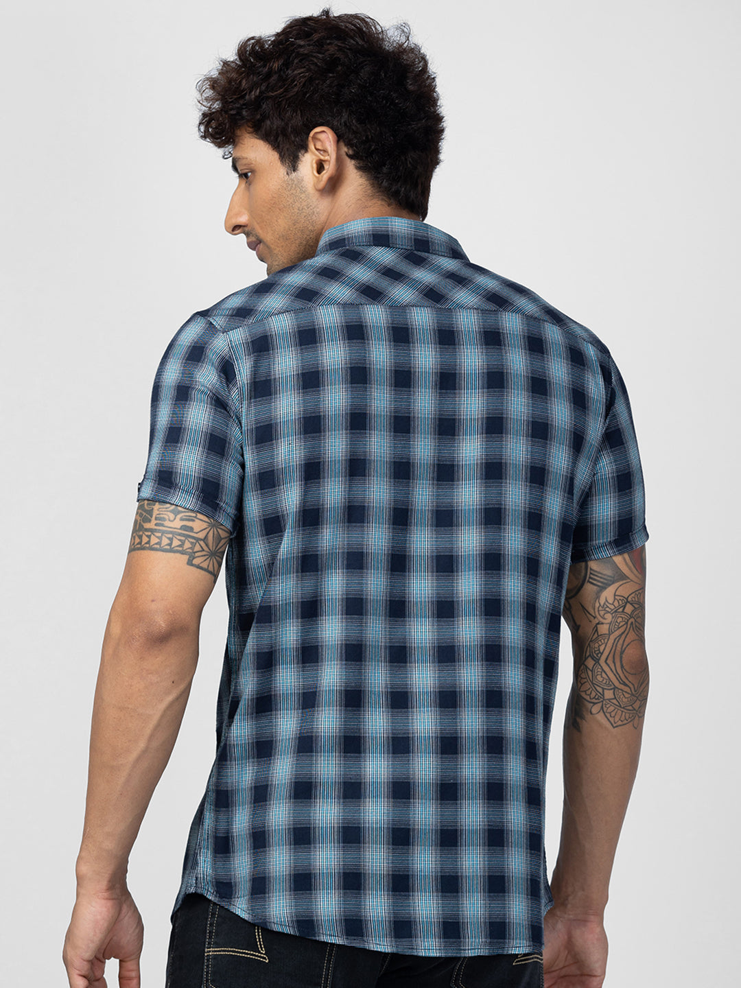 Spykar Men Navy Blue Cotton Slim Fit Checkered Shirt