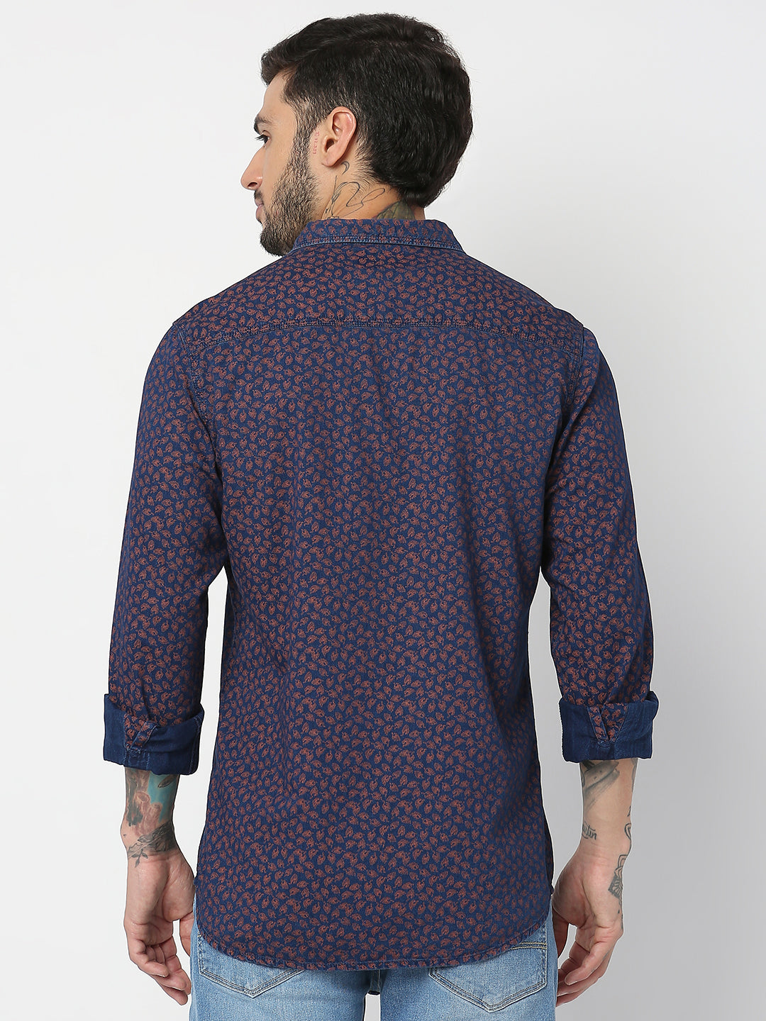 Spykar Men Indigo Blue/Rust Cotton Slim Fit Printed Shirts