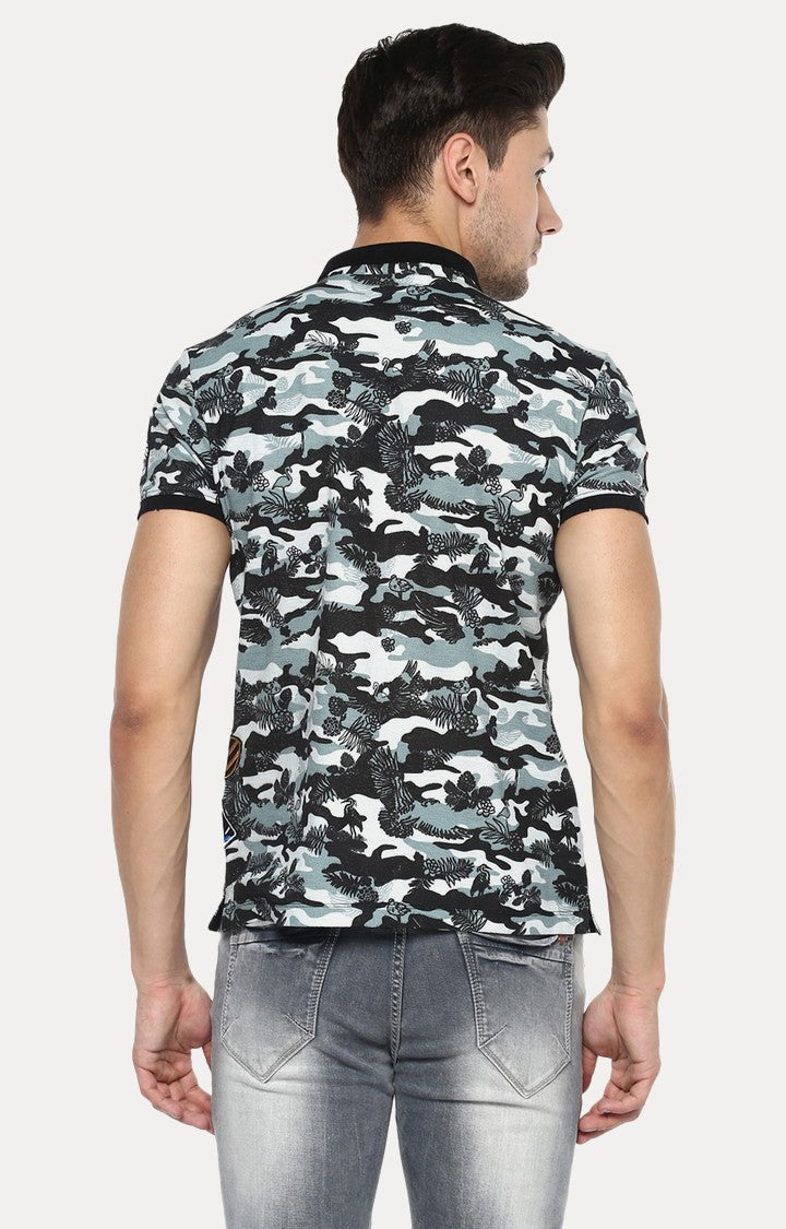 Spykar Black Camouflage Slim Fit Polo T-Shirt