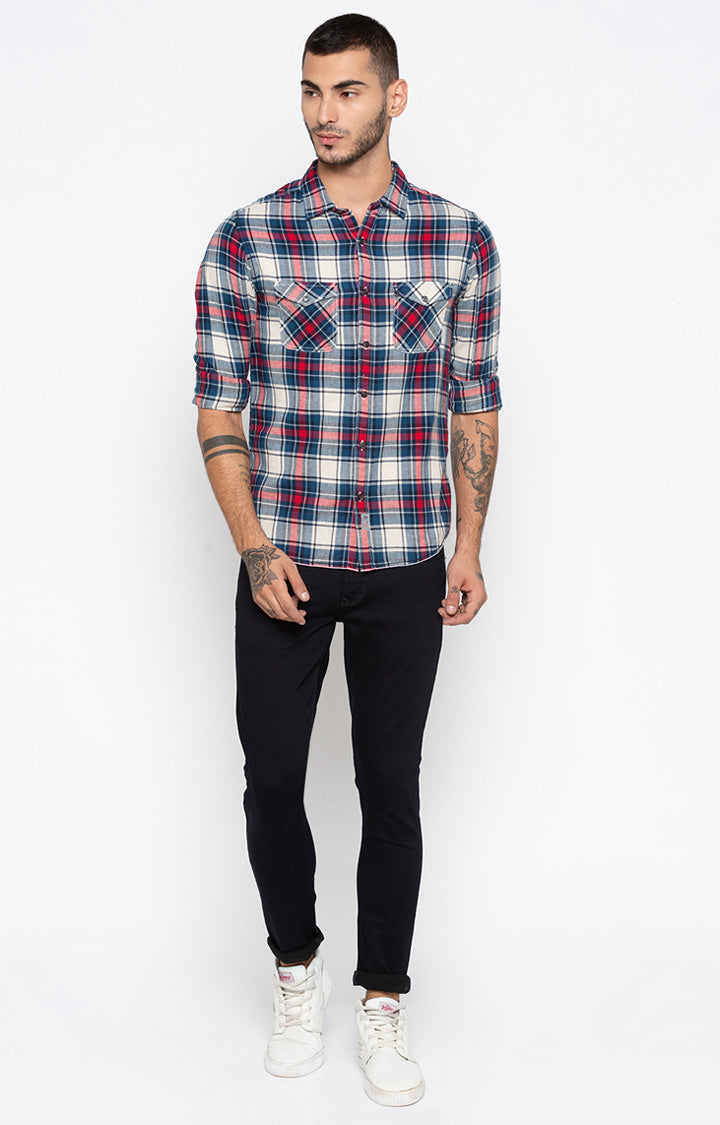 Spykar Men'S Blue Cotton Checked Casual Shirts