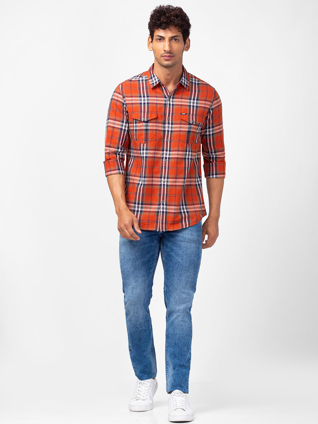 Spykar Men Rust Cotton Regular Fit Checkered Shirts