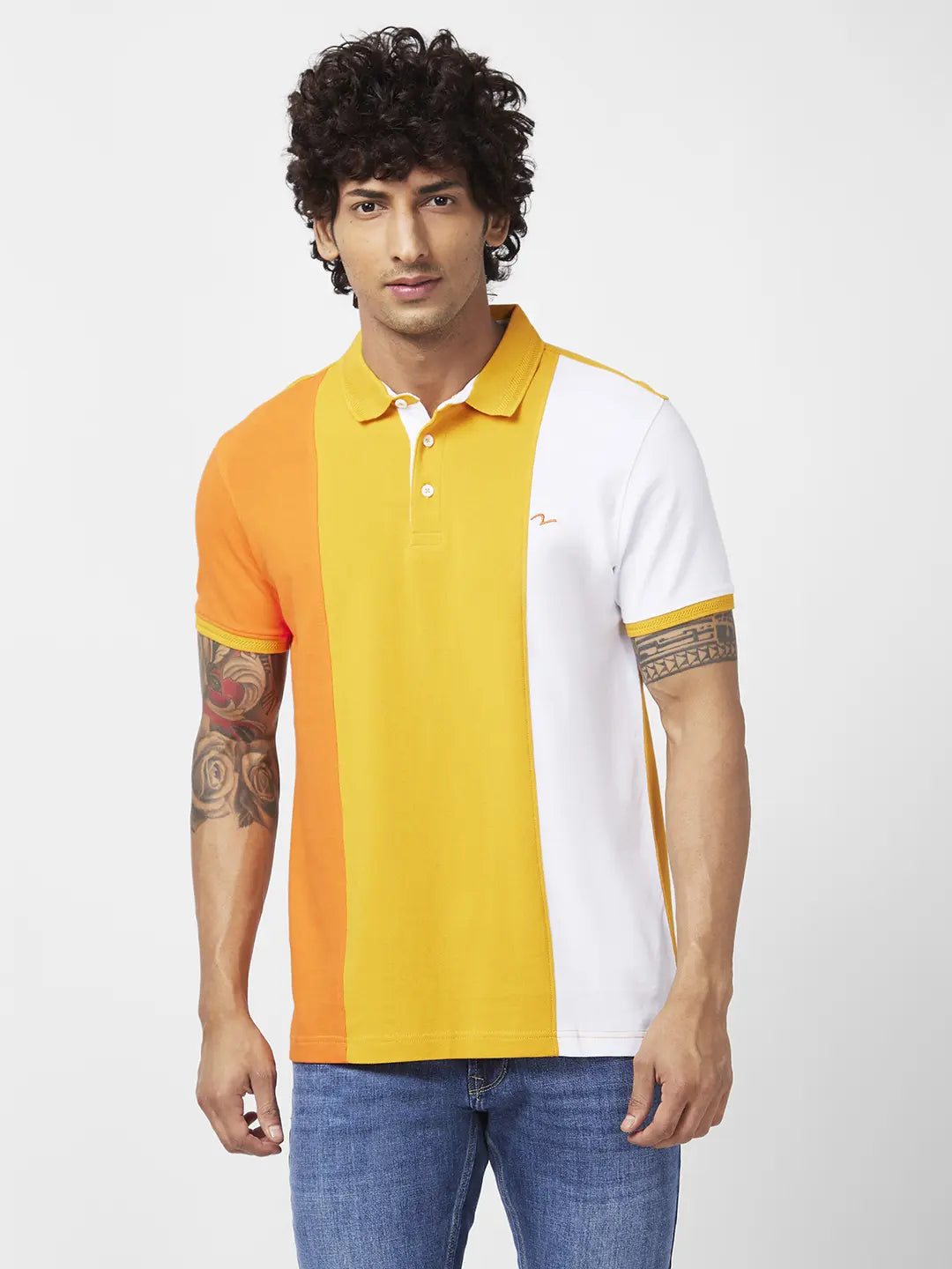 Spykar Men Mustard Yellow Cotton Slim Fit Half Sleeve Polo Neck Printed Tshirt