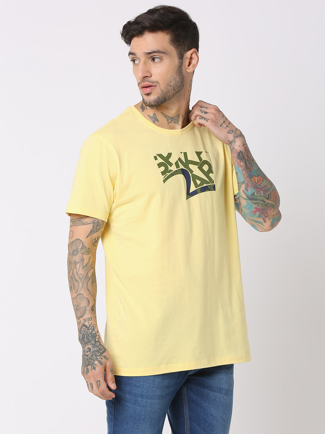 Spykar Men Powder Yellow Cotton Regular Fit Round Neck Printed T-Shirt