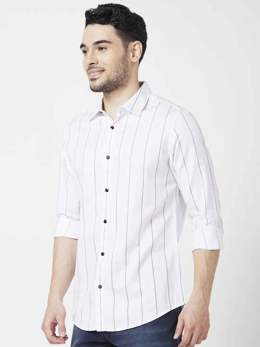 Buy Online|Spykar Men White Cotton Slim Fit Full Sleeve Striped Shirt